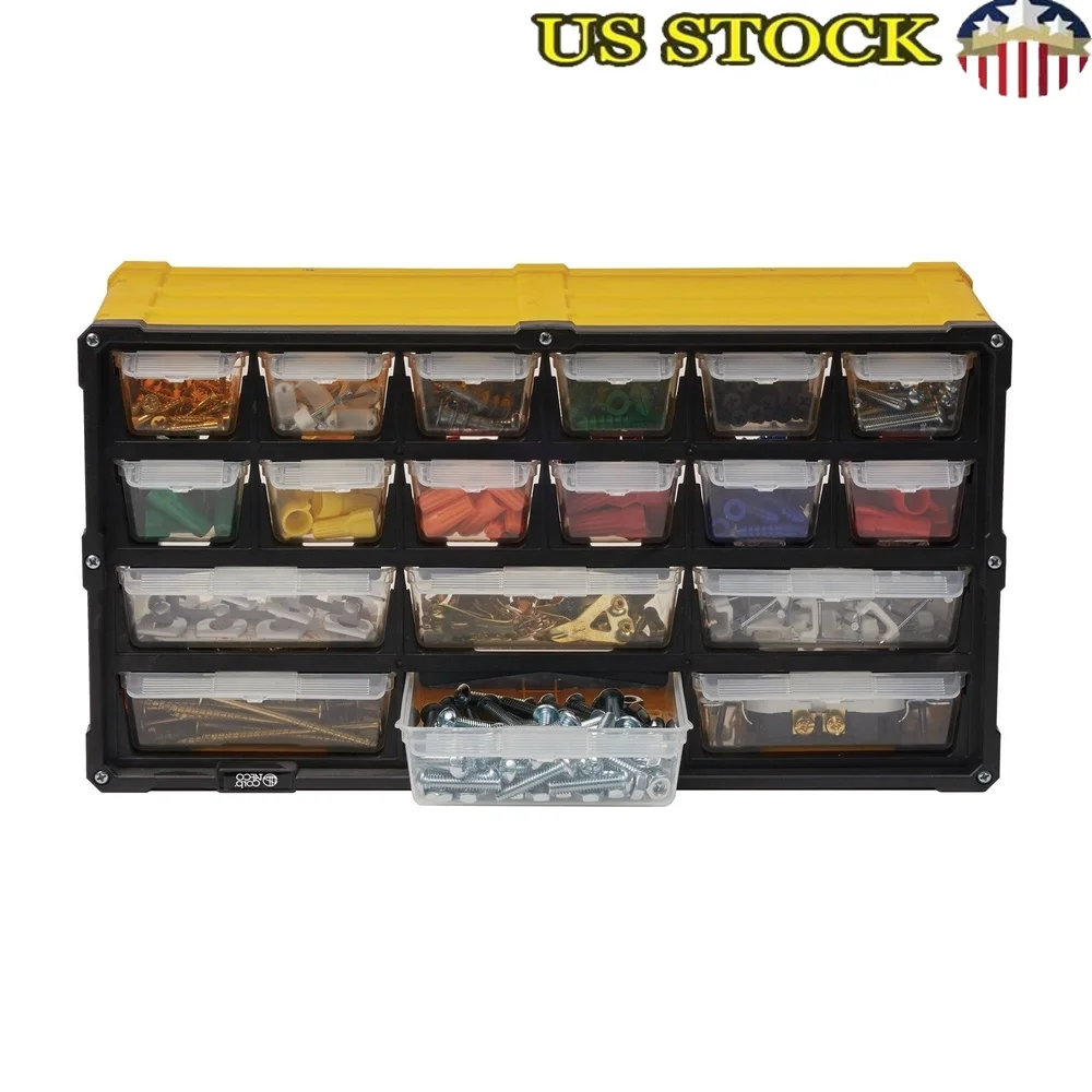 

18 Compartment Small Parts Organizer Wall Mountable with Clear Label Inserts Stay-Close Drawers Rugged Polypropylene Tools