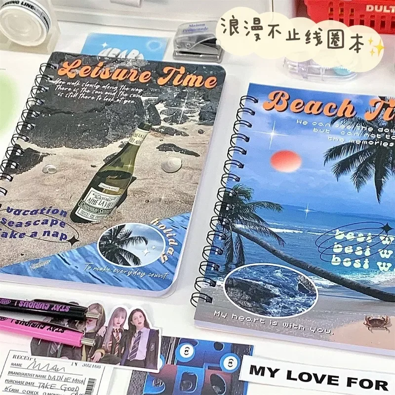 Retro American Style Coil Notebook Natural Landscape Ocean Sunset Cover Notepad Horizontal Line Inner Page Scrapbook Journal