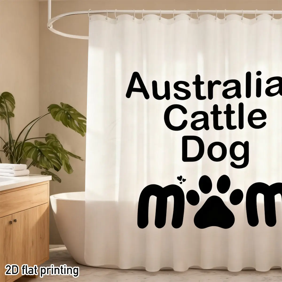 Australian Cattle Dog MOM Shower Curtain – Text with Paw Print Design, Black on White, 2D Flat Print, Polyester, 70.8