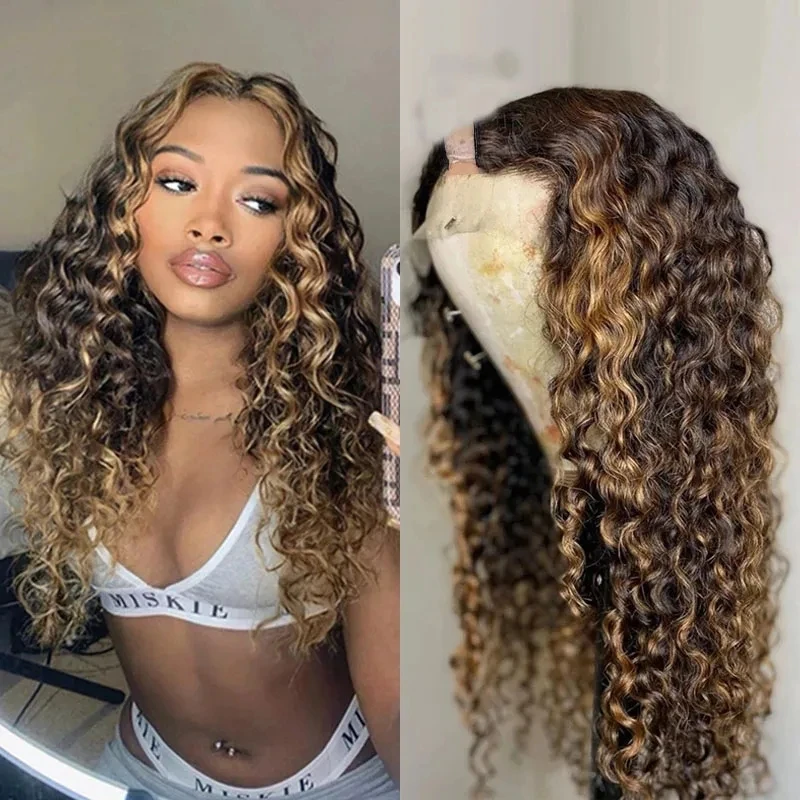 Highlight Honey Blonde Virgin Unprocessed 250Density Bouncy Curl U Part Wigs Natural 100% Human Hair V Shape Full Machine Wig