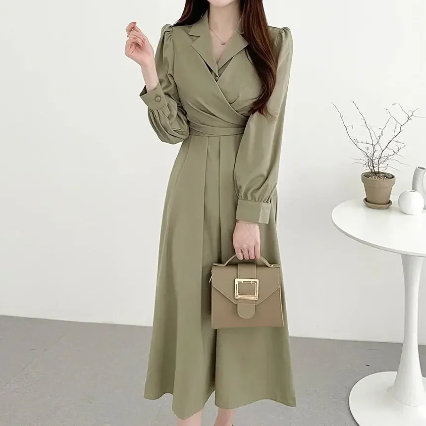 Women Ruffled Bow Lace Up Chic Elegant Party Dresses Korean Fashion Office Lady Business Casual Long Sleeve Midi Dress Vestidos