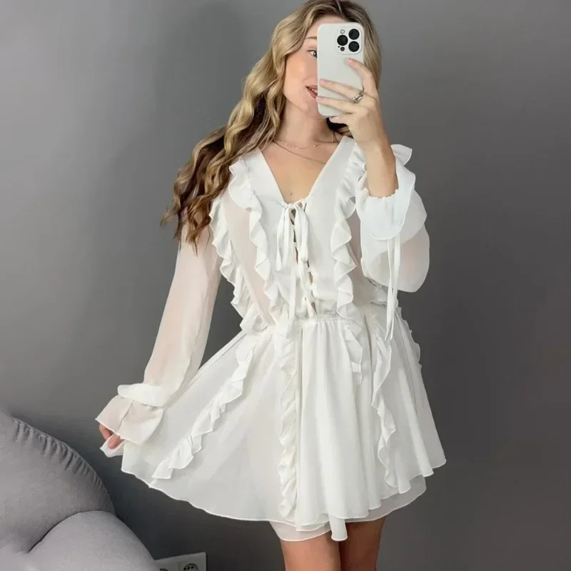 

Chiffon V Neck Mini Dress Women's Fashion Ruffled Lace-Up Long Sleeve A-Line Dress Fashion Slim Casual Dress Vestido