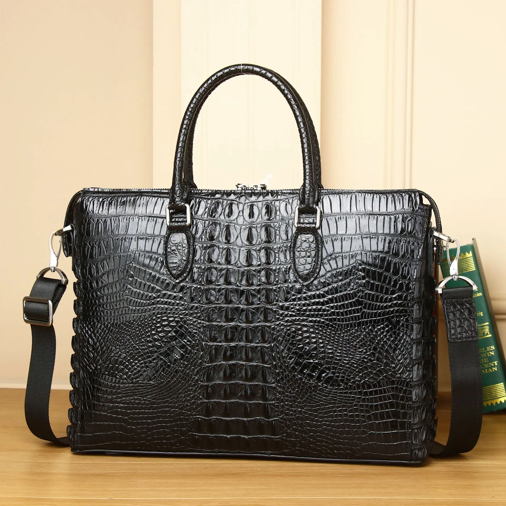 Sacs pour ordinateur portable en alligator pour hommes, cuir de vache véritable, étui à bombes, marque de luxe, sacs à main pour hommes, sac d'ordinateur Messenger 14 pouces, nouveau, 2023