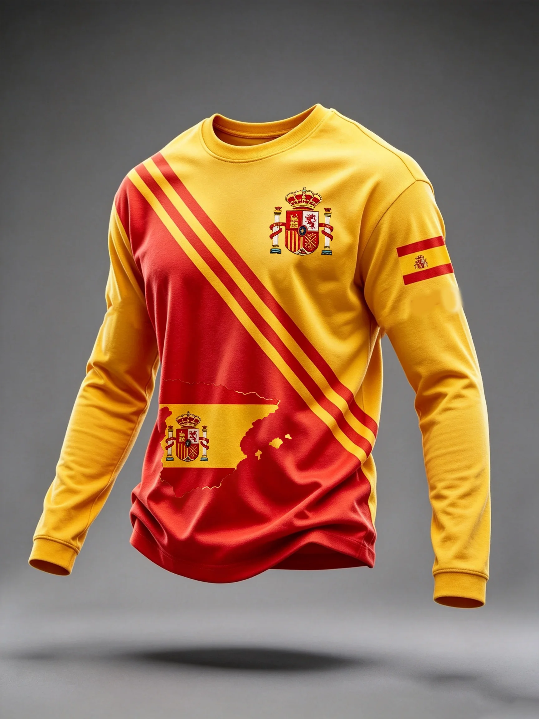 Unisex 3D Printed Spain National Long Sleeve Top, Red Yellow Stripe Casual Football Training Jersey