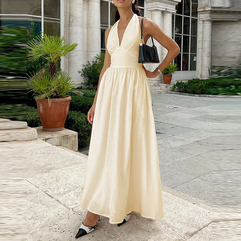 

Summer High Street Backless Party Dress Sexy Halter Lace-up Long Dress Elegant Deep V Neck High Waist Solid Color Banquet Dress