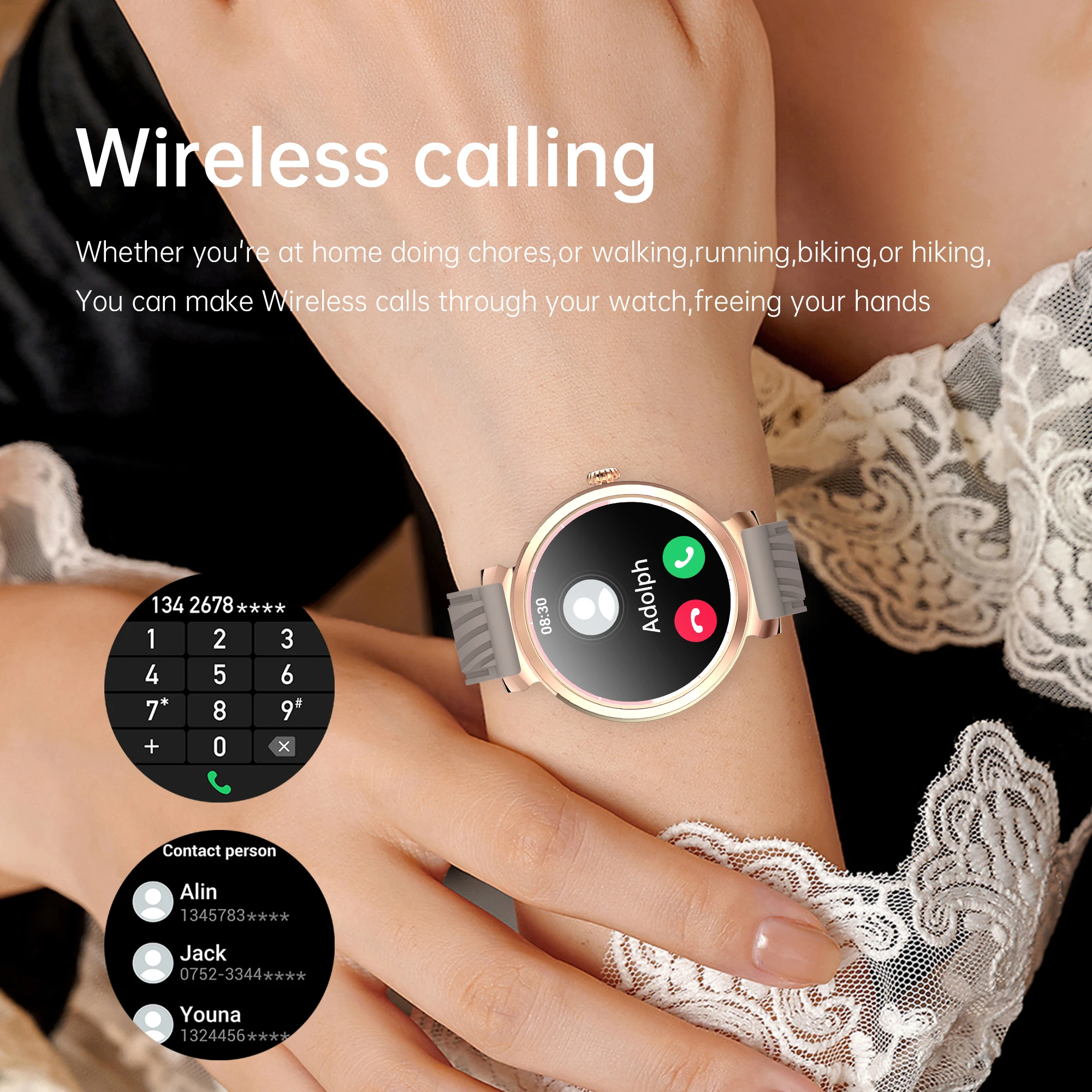 Smartwatch feminino RAYSORA, tela de 1,27 polegadas, IP67 à prova d'água, bateria de 290mAh, chamadas sem fio, compatível com Android/iPhone