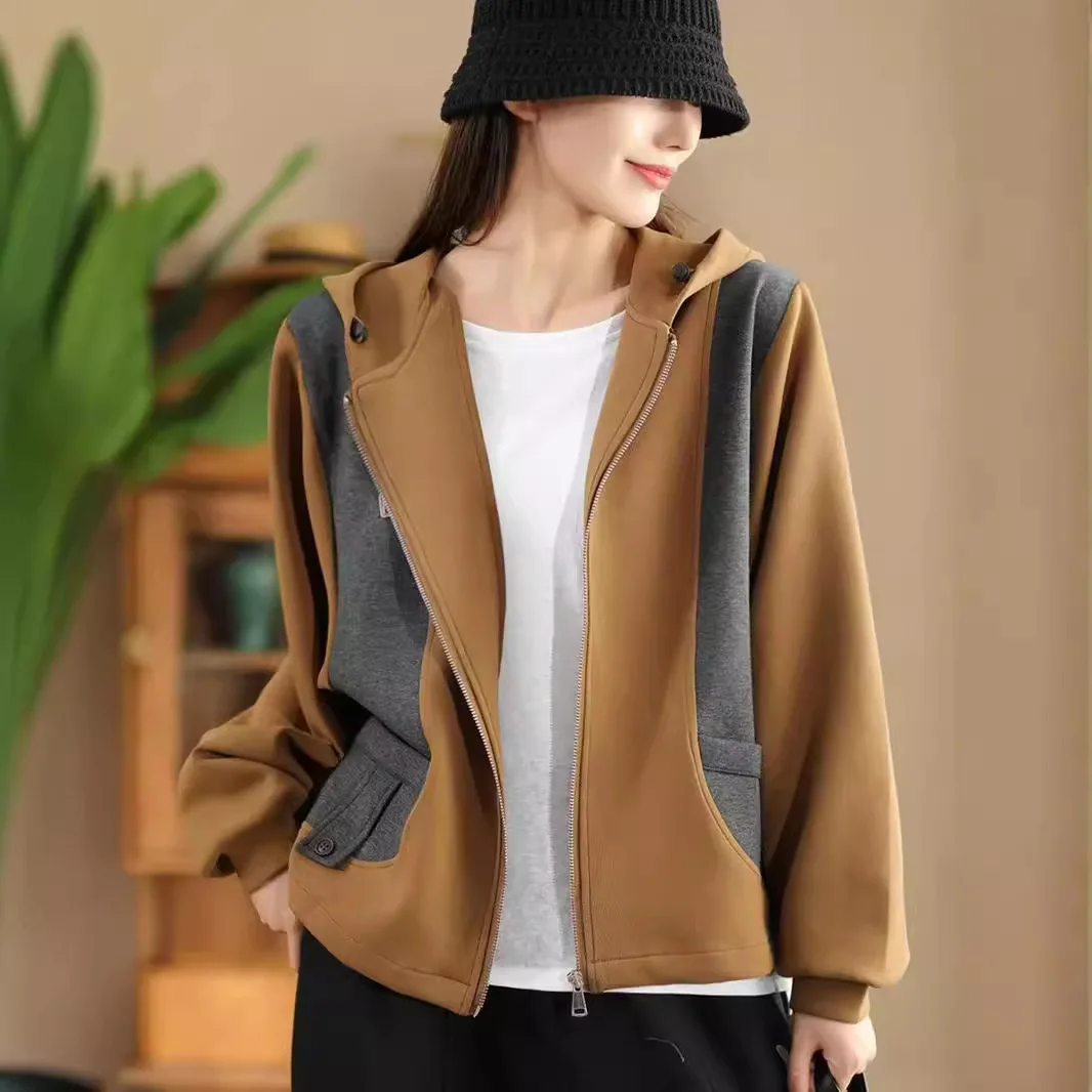 Good Quality Unique Design Winter Fall Fashion Dense Knitting Women Leather Jacket Vintage Patchwork Long Sleeve Hoody Coats