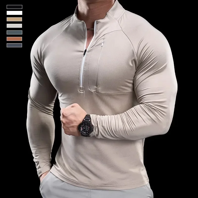 2024 New Men\'s Sports Gym Fitness Tops Running Training Clothes Round Neck Quick-drying Breathable Long-sleeved T-shirt Autumn