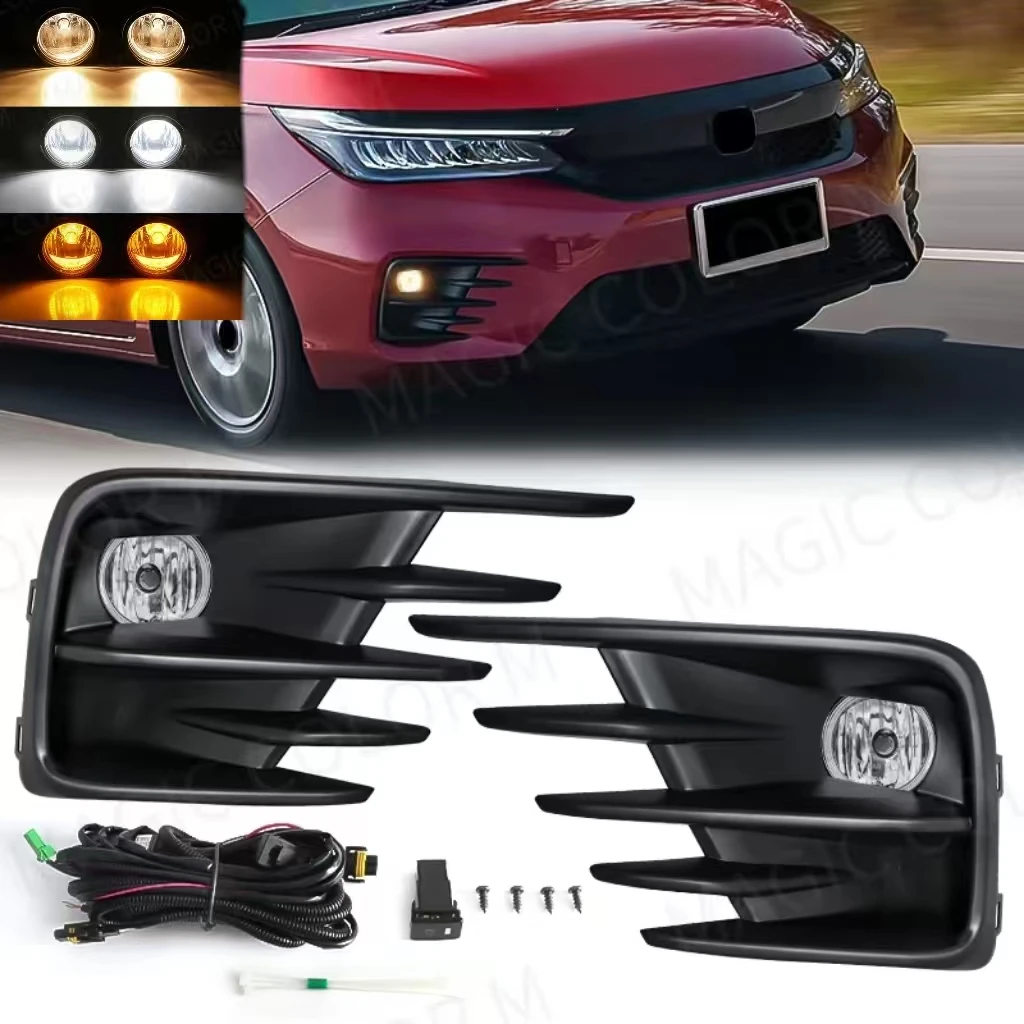 

Светодиодные противотуманные фары в сборе для Honda City 2020 2021 2022 Противотуманные фары Передний комплект вождения Крышка гриля Безель Автомобильные аксессуары 12 В