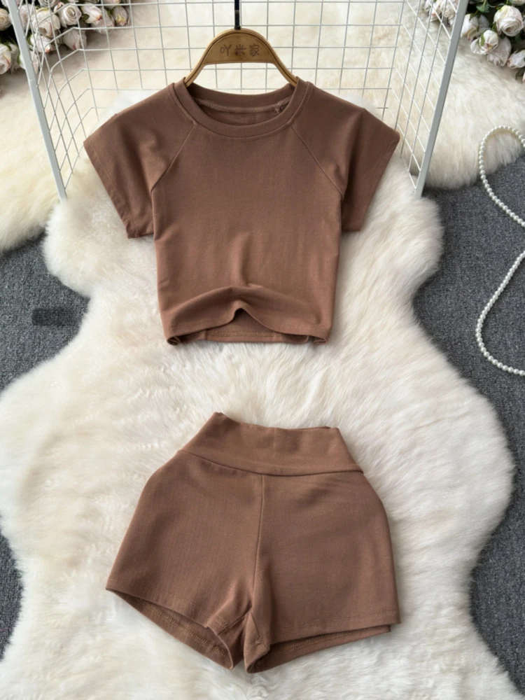 

Женские топы с высокой талией для похудения и круглым вырезом + широкие шорты с подтяжкой бедер, повседневные простые спортивные модные комплекты из двух предметов