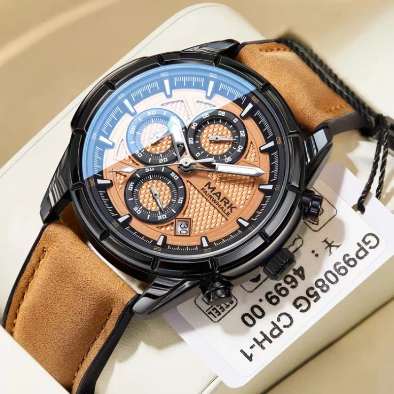 

MARK FAIRWHALE Antique Brown Multi-function Men's Quartz Wristwatches Waterproof Date Display Luminous For Sprot Watch