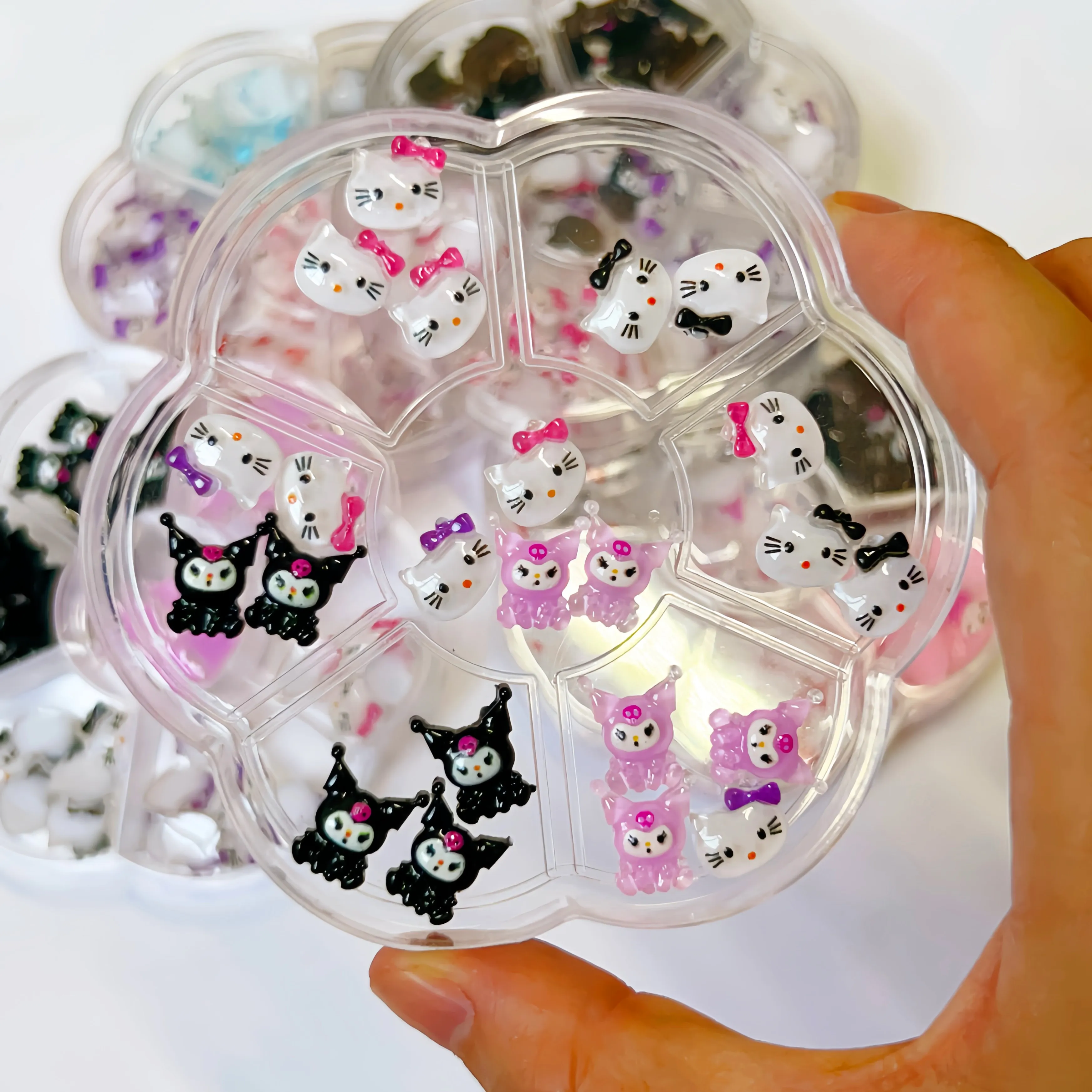 70pcs/box Hello Kitty Flatback Nail Rhinestone Gems Girls Sweet 3D Kuromi Nail Jewelry Charms Set DIY Phone Case Nail Decoration