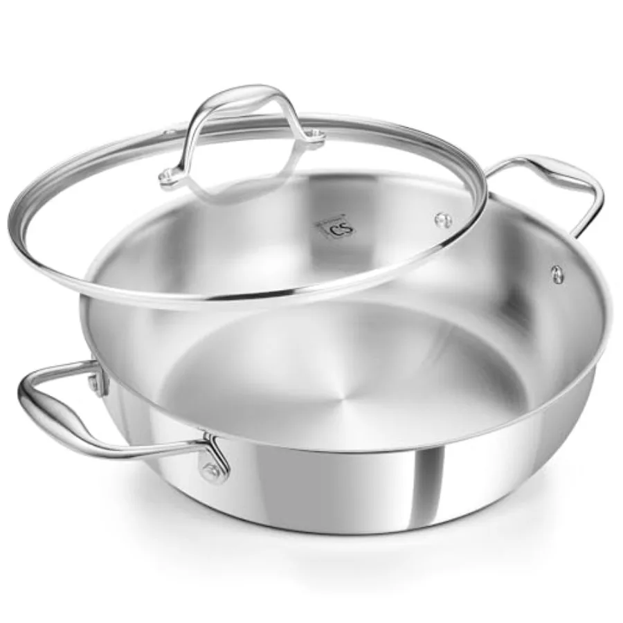 Dreischichtige Edelstahl-Sauteuse mit Deckel, 30 cm Tiefe, Bratpfanne mit Doppelgriffen, 6 Liter, 18/10 Edelstahl-Pfanne, Große Bratpfanne, Induktion