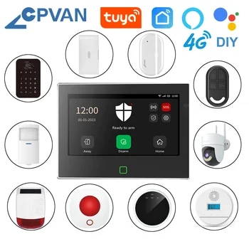 CPVAN 투야 스마트 홈 경보 시스템, 무선 와이파이, 4G, 7 인치 패널, 가정 강도 보안 보호 경보 키트, DIY 액세서리