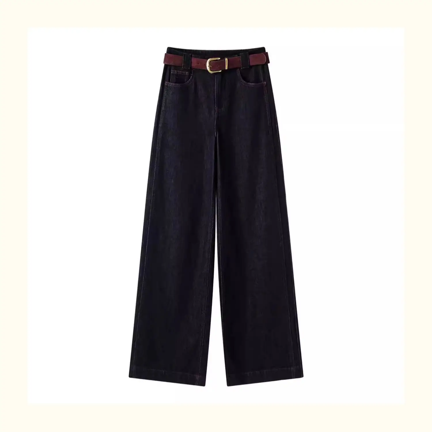 

High Waist Straight Leg Deep Blue Jeans Little Ai Belted Slimming Design Casual Comfortable Women's Denim Pants Autumn Sle