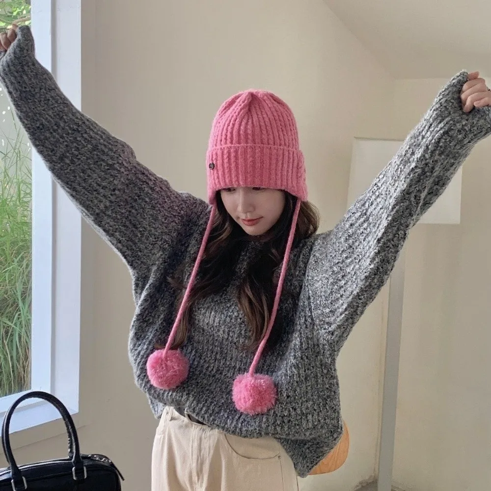 

Japanese Winter Y2k Knitted Cap Windproof Soft Warm Pom-pom Knit Cap Casual Thick Beanie Hats Outdoor