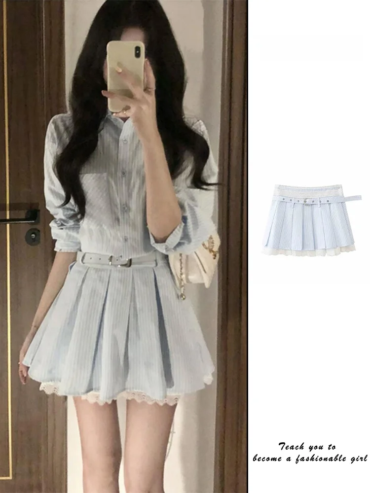 

Синий полосатый комплект и юбка. Женская весна-лето Новая плиссированная юбка JK. Верх из двух предметов. Корейский комплект с высокой талией.