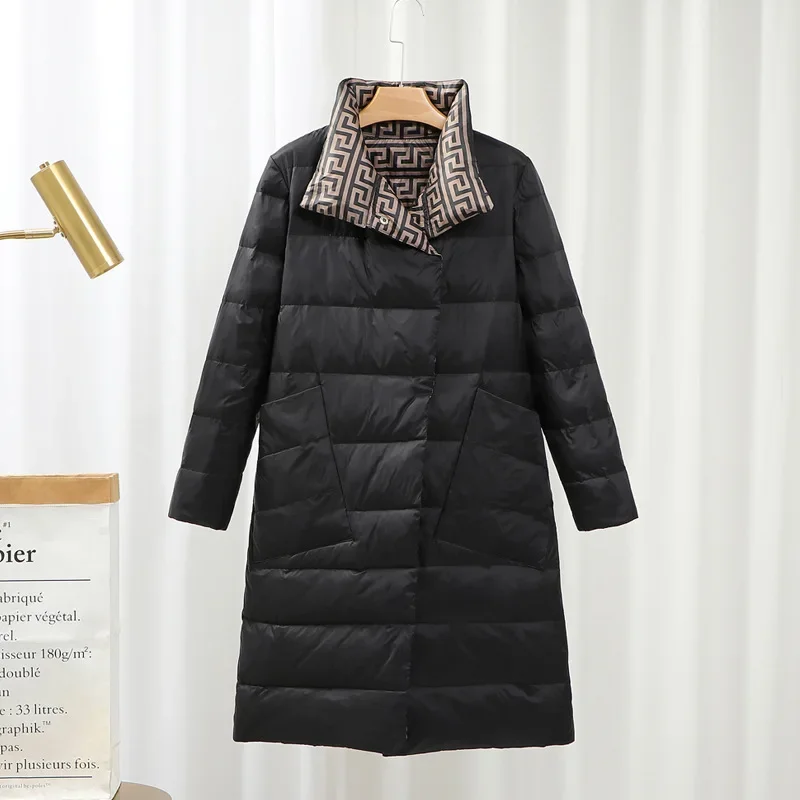 Winter New Style Double-sided Mid-length Down Jacket Casual Women's White Duck Down Jacket Turn-Down Collar Coat