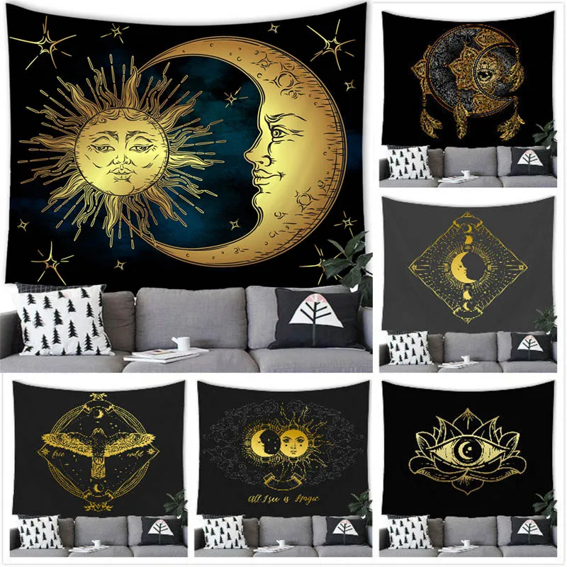 Sun Moon Tapestry Wall Hanging Gold Sun Moon Totem Decor Tapestry Wall Hanging Sun Party Home Decoration Background Wall Decor