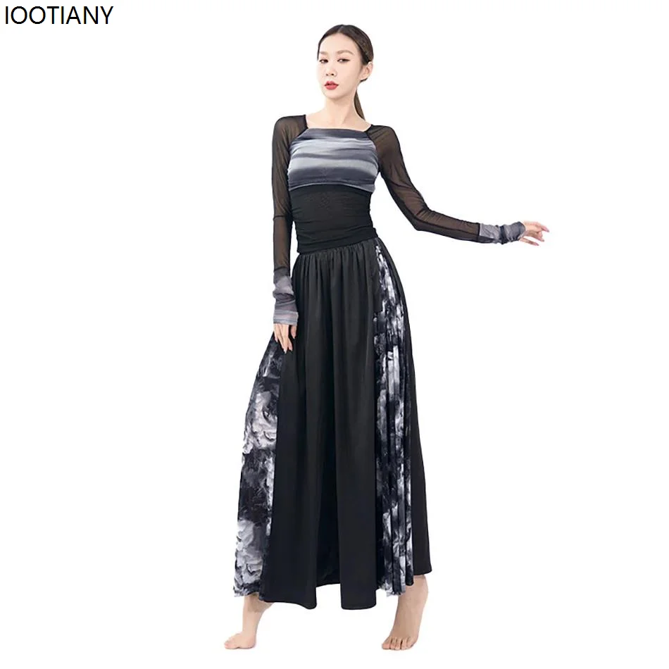 

Ink And Moire Modern Classical Dance Skirt Long Sleeve Splicing Top Women Latin Dance Costume Belly Modern Dance Showing Skirts