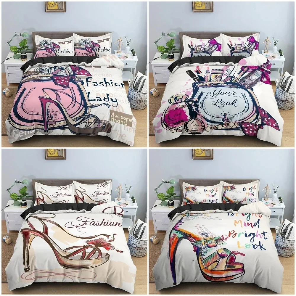 

Fashion Woman Cosmetics Bedding Set Bedclothes Female High-heeled Shoes DuvetQuilt Cover King Queen Single Size Home Textile