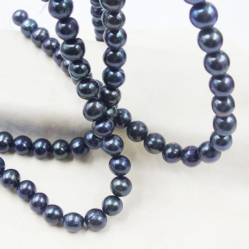 3 strand 9-10MM natural black nearly round freshwater pearl loose beads 15”