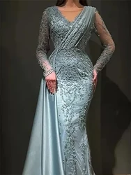 Lace  V Neck  Beaded Satin Long Sleeves Formal Evening Dresses Mermaid  Ruched  Prom Party Gowns