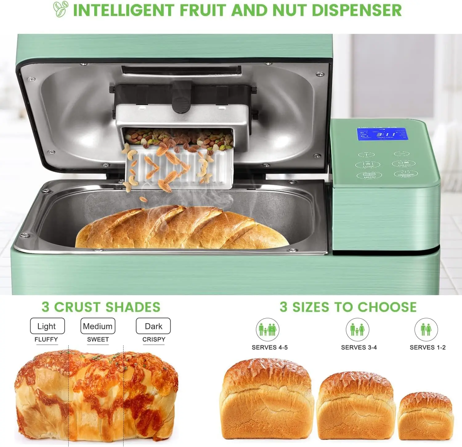 Macchina per il pane più grande con doppi riscaldatori, macchina per il pane 17 in 1 con padella in ceramica pressofusa e distributore automatico di frutta, macchia completa