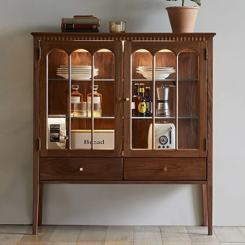 Solid Wood Glass Wine Cabinet Vintage Display Cabinet Guest Restaurant Side Cabinet Storage Cabinet with Lights