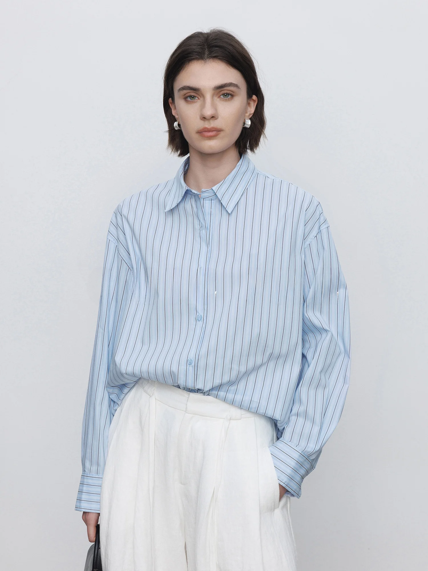 

Elegant Vertical Stripe Long Sleeve Shirt for Women Spring Commute Style Loose Fit Polyester Cotton Nylon Blend Sun Protection