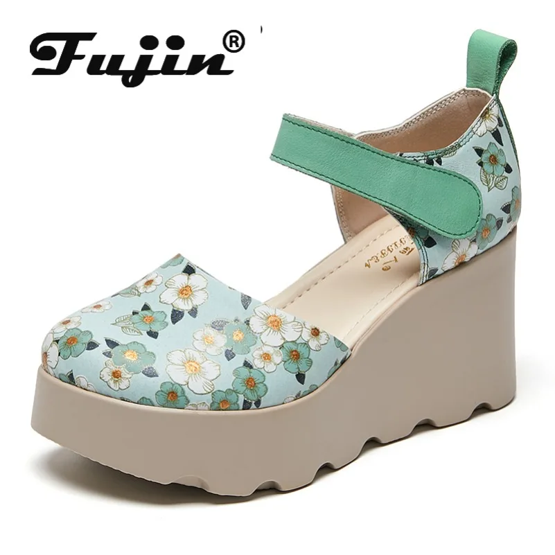 

Fujin 5cm Print Platform Wedge Hook Summer Shoes Artistic Fashion Ethnic Elegant Sandals Women Multicolor Cow Genuine Leather