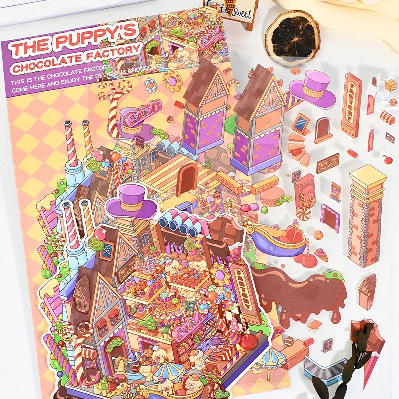 Large size handcrafted Easter Bunny Carrot Chocolate Factory miniaturized scene stickers