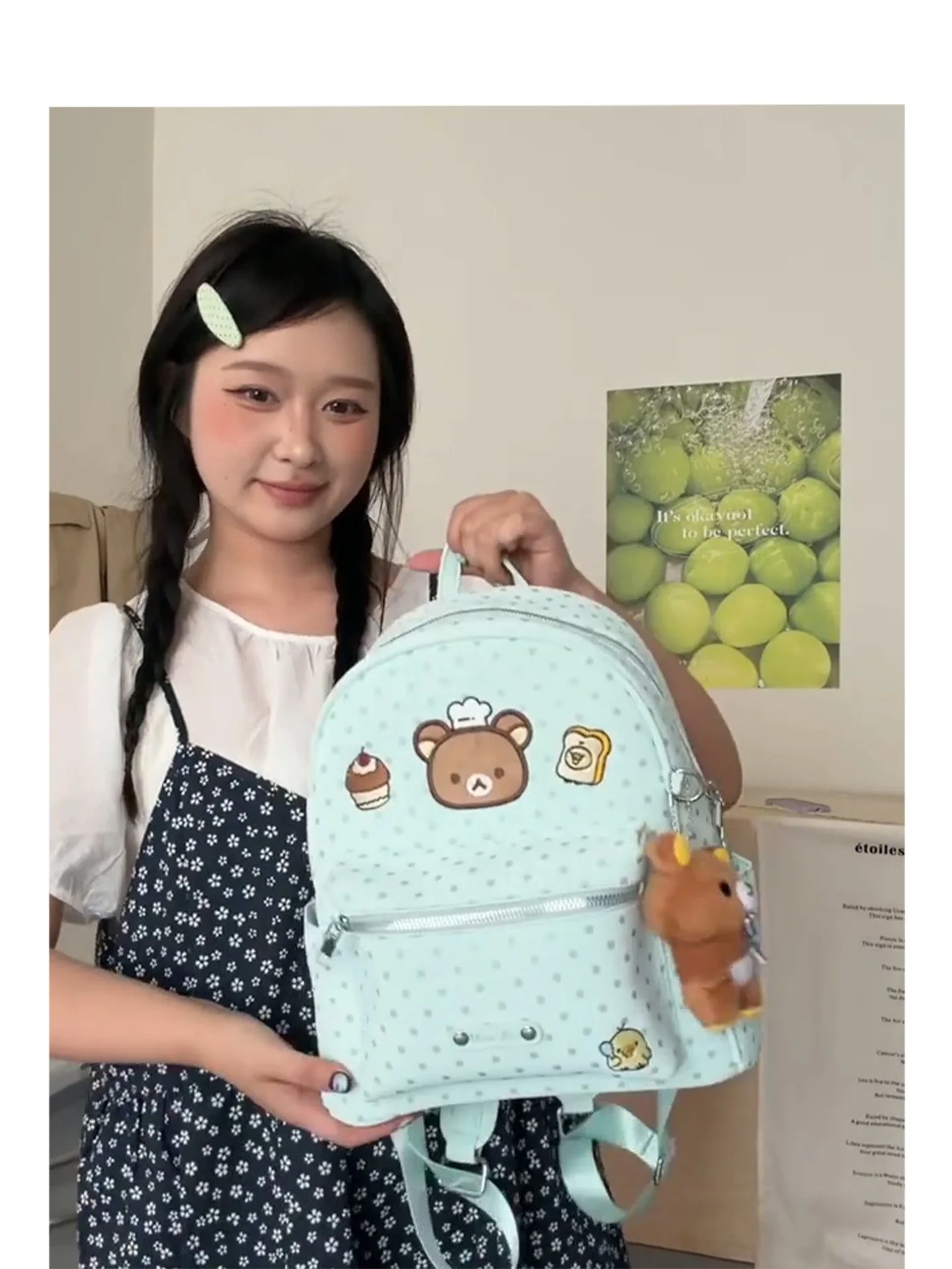 mint-green-polka-dot-bear-cute-women's-backpack-large-capacity-summer-korean-style-double-shoulder-bag-soft-commuter-style