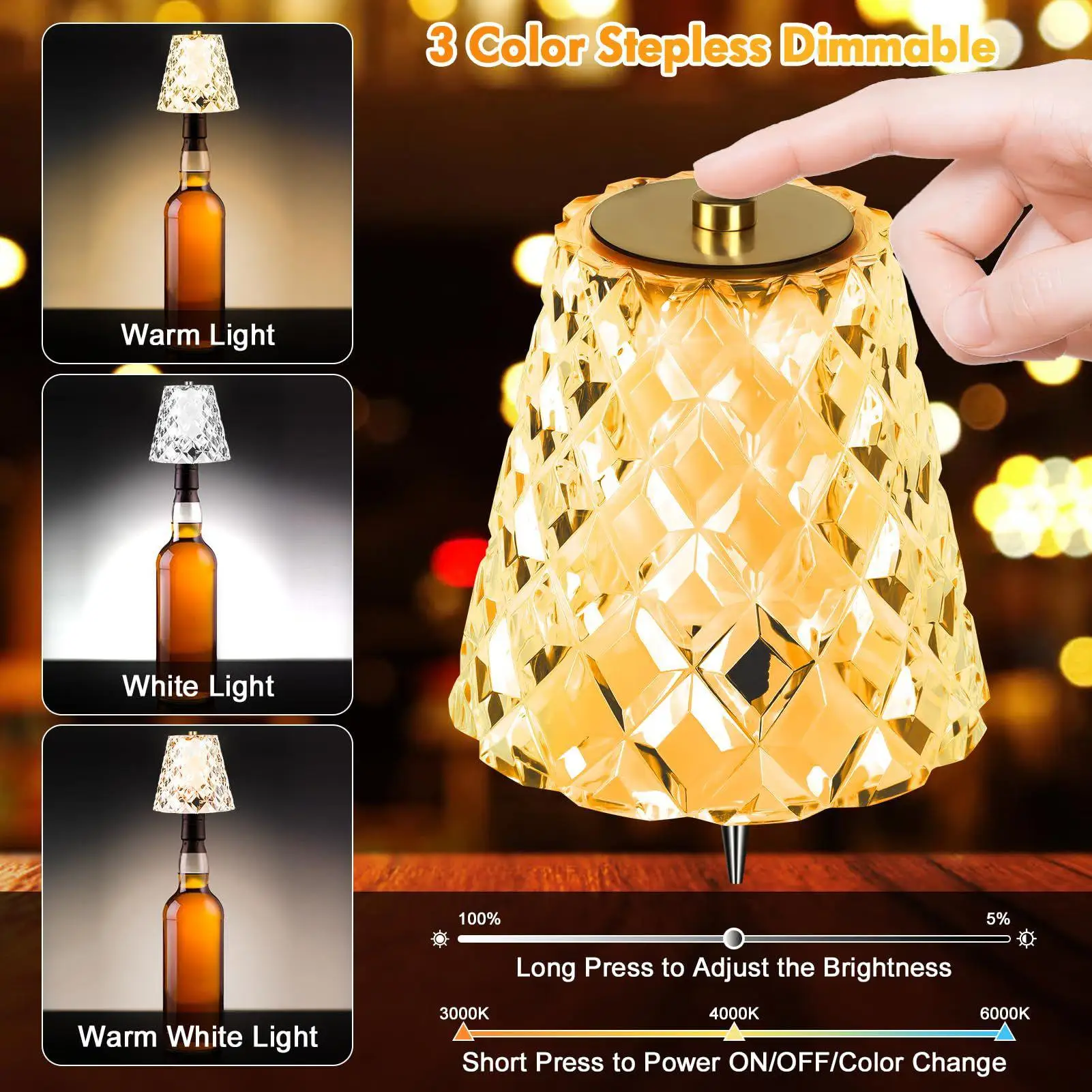 

Rechargeable Wireless Wine Bottle Lamp 3 Color Touch Dimming Cordless Table Light for Bedroom Kitchen Living Room Bar Decor