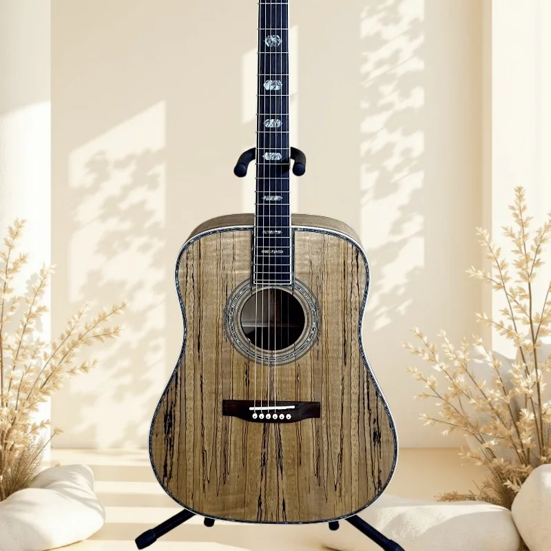 Dreadnought Acoustic Guitar Spalted Mahogany Back Side Gloss Wood Grain Finish 6 String Folk Guitar Beginner Unisex