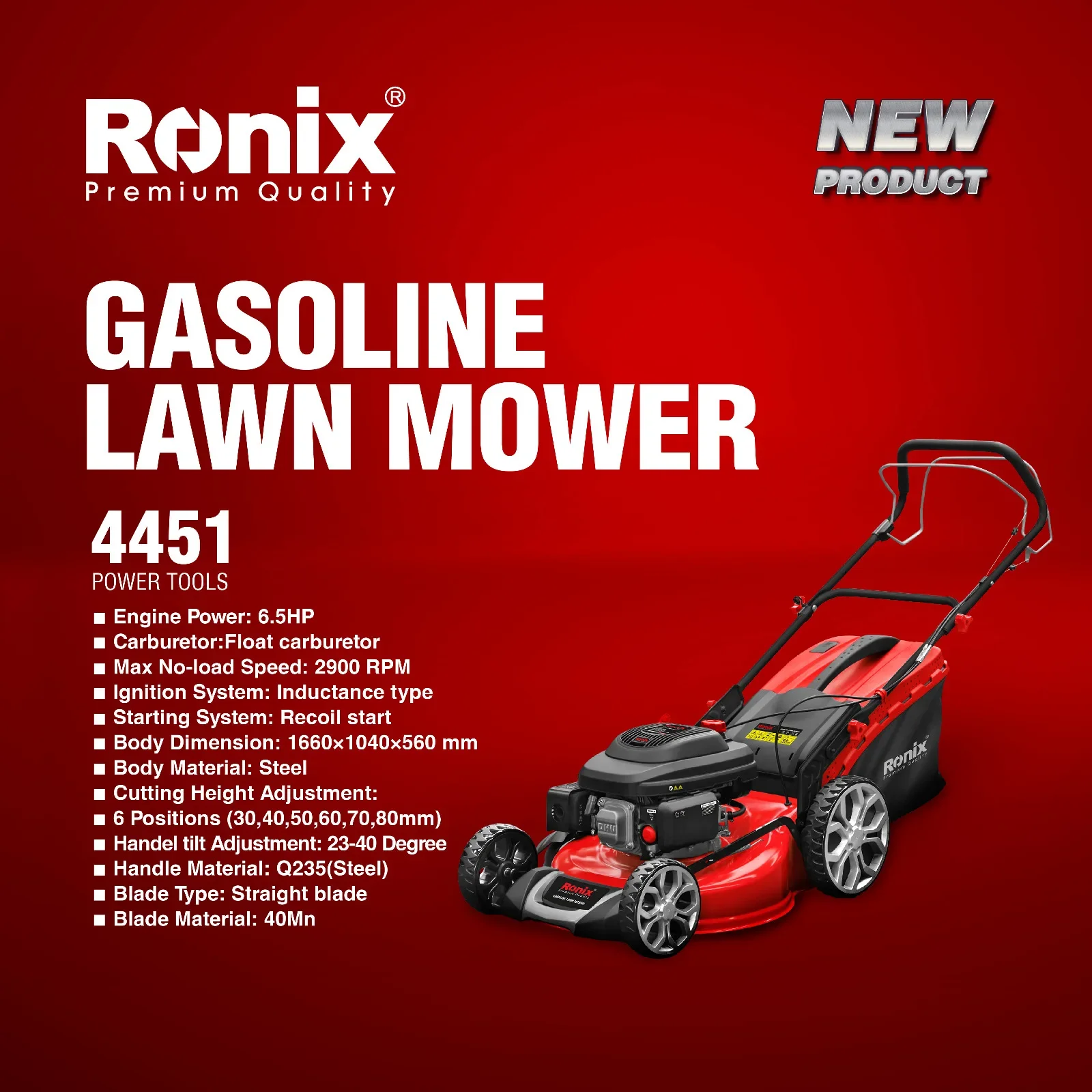 Ronix 4451 Gasoline Powerful 6.5  196cc Self-Propelled Gasoline Garden Mower Manual Lawnmower With Wheels