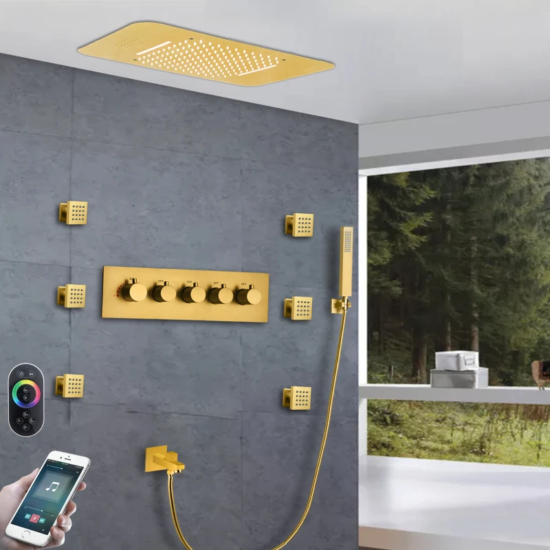 LED Music Concealed Shower System Ceiling Rainfall Shower Head Brass Waterfall Bathrooom Faucets Intelligent LED Bath Shower Set