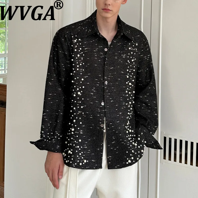 WVGA Spring Autumn New Men High-End Heavy Beaded Trendy Long Sleeve Shirts Niche Casual Stylish Turn-Down Collar Tops Ins W17884