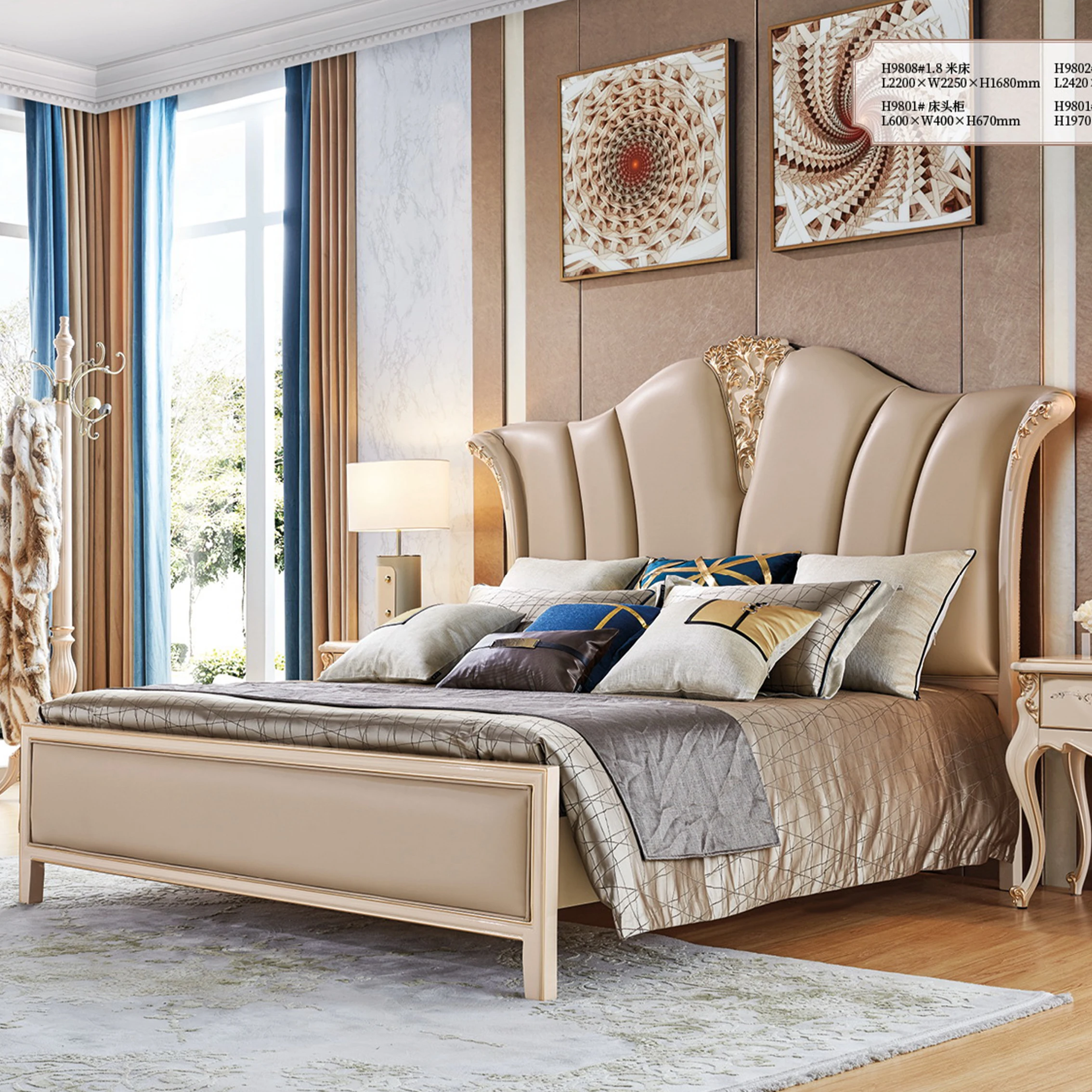 

For French Minimalist Bedroom Queen king Size Single Double Bed Furniture Set Carved Solid Wood Faux Leather Upholstered Bed