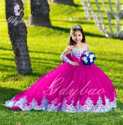 Hot Pink Flower Girl Dress For Wedding Applqique Tulle Puffy Full Sleeves Princess Pageant Kids Birthday First Communion Gown