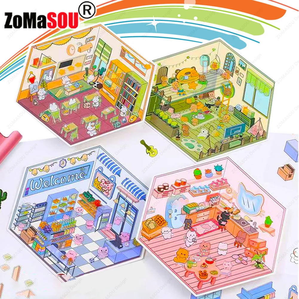 Cute Cartoon Bear Life 3D Landscape Stickers DIY Miniature Cabin Scene Stacking Sticker Birthday Festival Gift for Kid Children