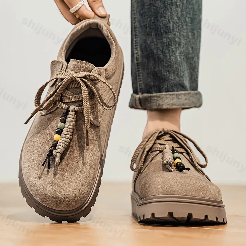 Men Casual Shoes Autumn New Vintage Fashion String Bead Suede Leather Shoes Height Increase Comfortable Lace Up Non Slip Loafers