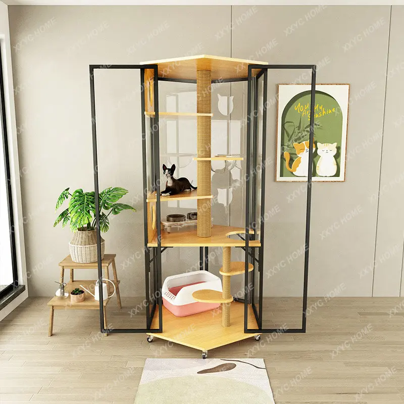 Cat Villa Glass Room Cat Cage Sky City Solid Wood Home Cat Room Display Cabinet Three Layers Cat Cage