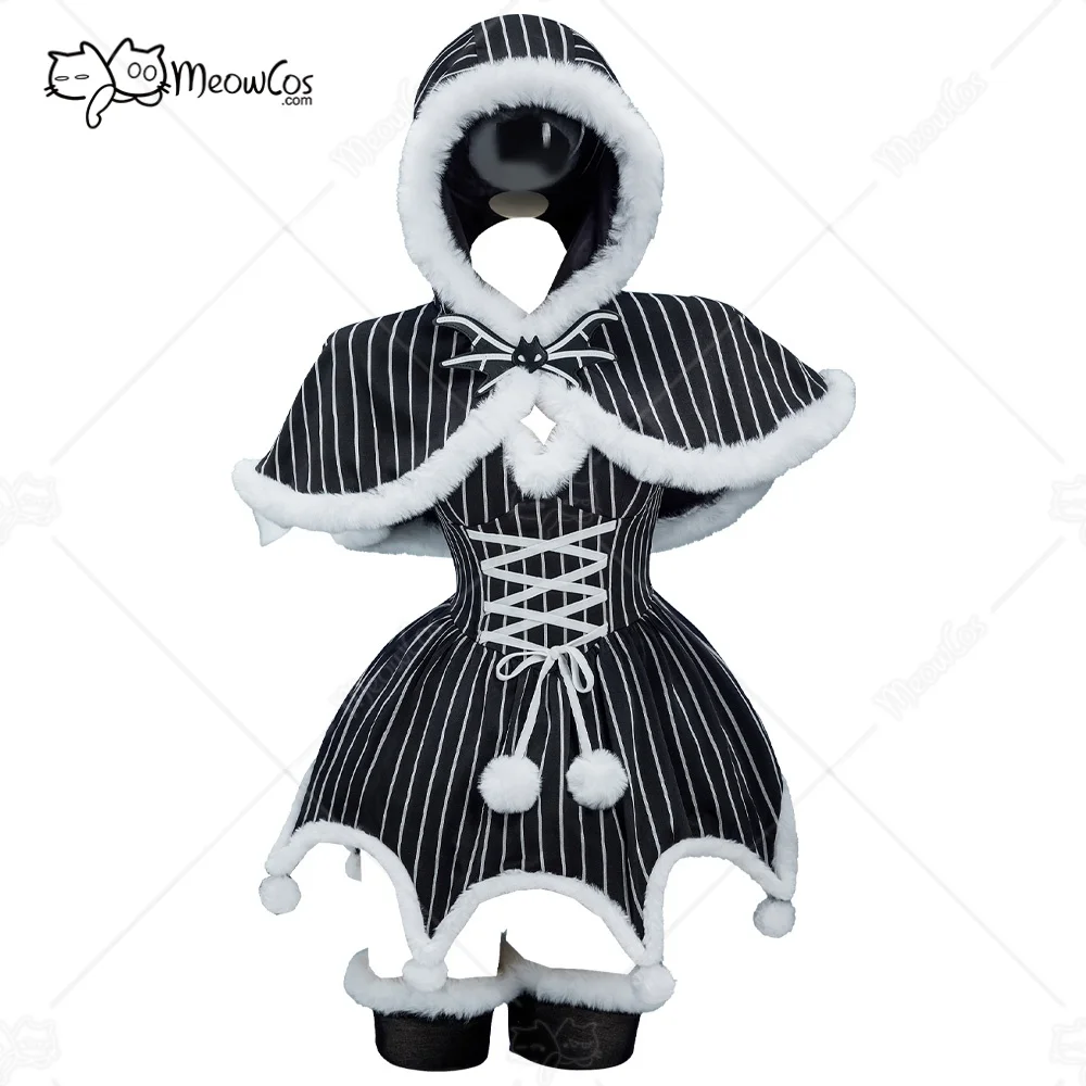 

MEOWCOS Women's JACK Style Gothic Costume Striped Dress with Cloak and Sleeves Christmas Outfits Halloween Cosplay