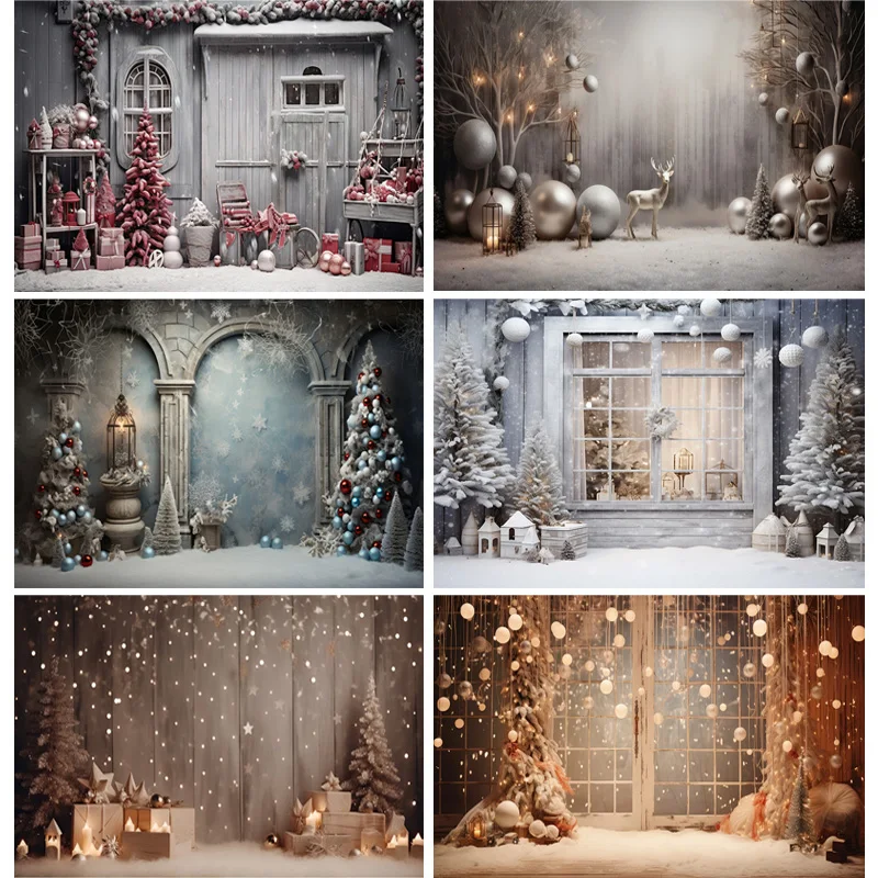 

Christmas Tree With Gift Boxes Photography Backdrops Winter Snow Decorations Wooden Door Fireplace Room Background Props WR-21