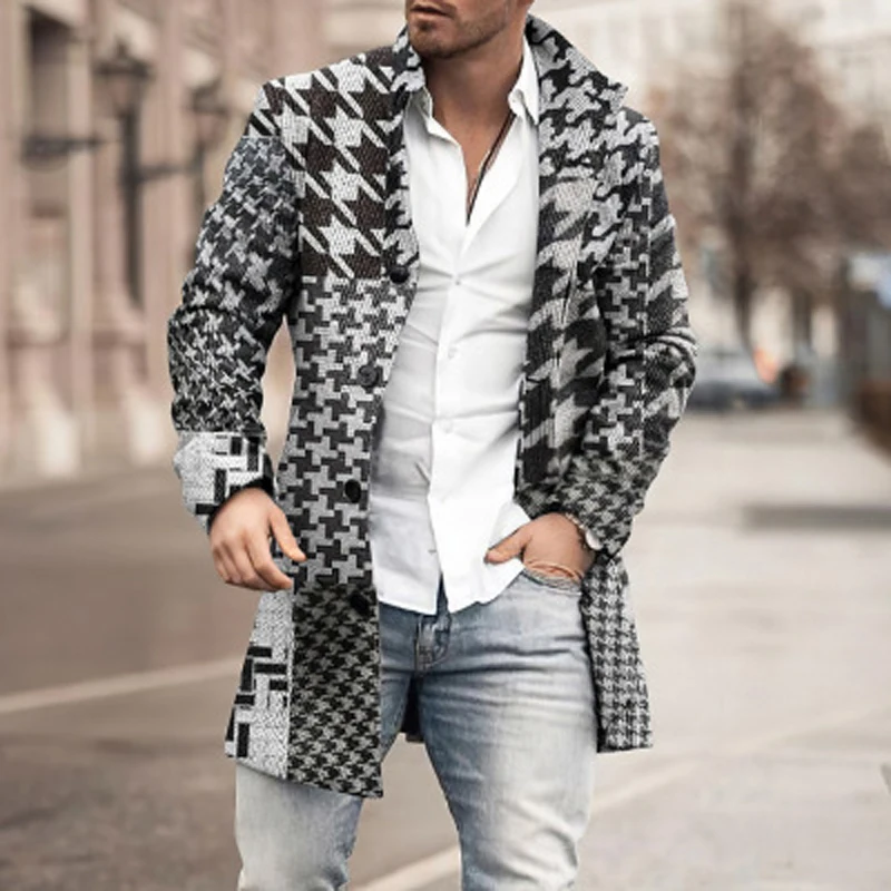 Man Single Breasted Jacket Plaid Button Long Slim Coat Long Sleeve  Autumn Winter Warm Casual Harajuku Street Outwear 2022 Retro