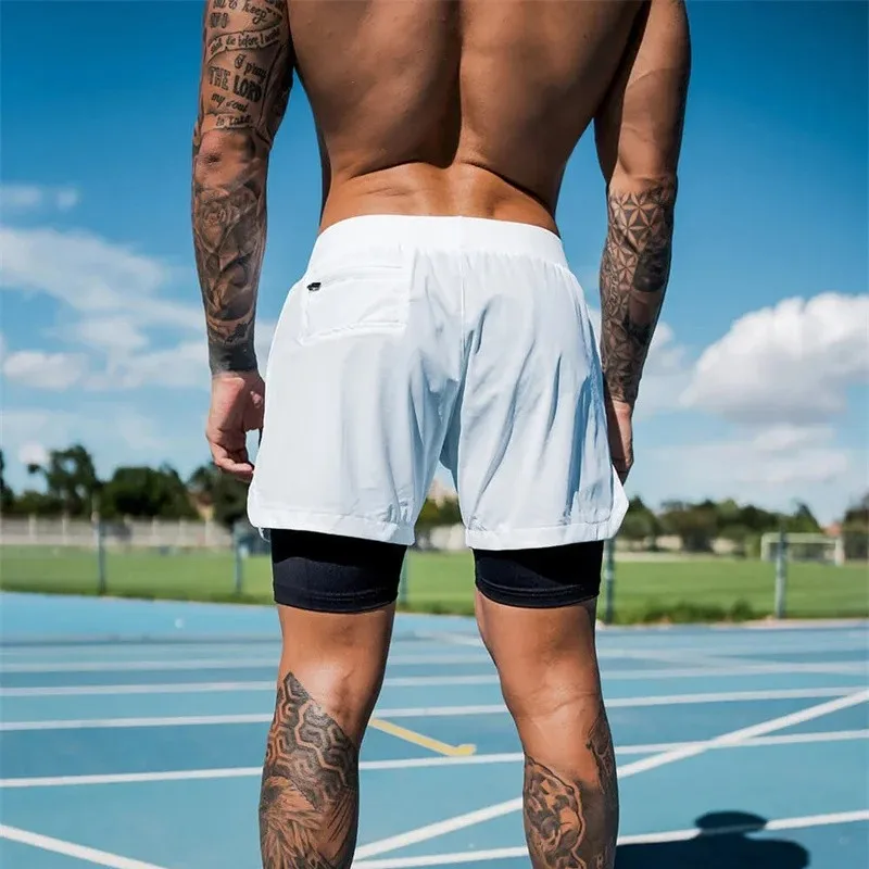 Estate 2 in1 tasca con cerniera pantaloncini sportivi casual da uomo pantaloncini a due piani jogger pantaloncini da palestra ad asciugatura rapida pantaloncini da basket da uomo Fitness