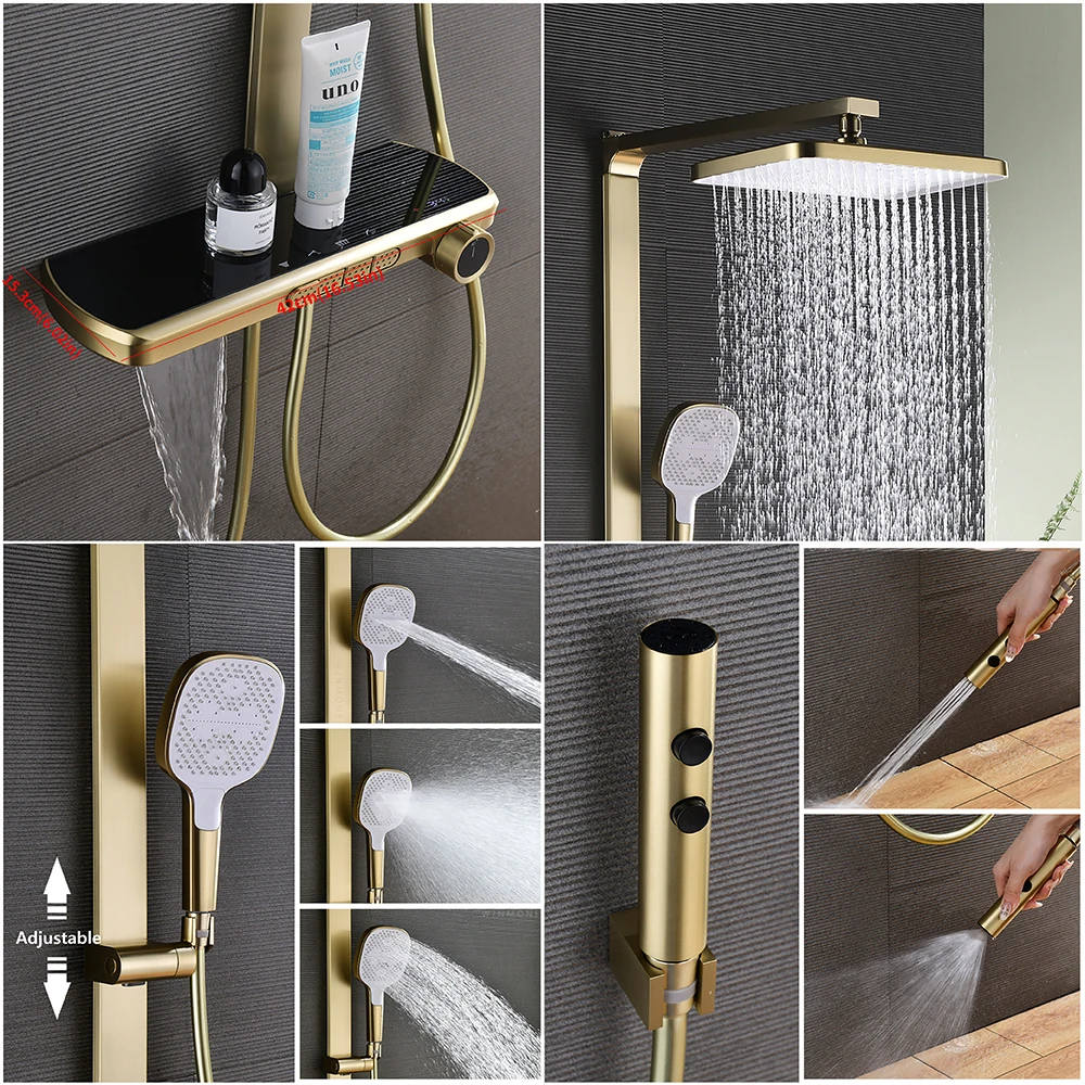 Luxury High-end Wall Mounted Rain Shower System Thermostatic Digital Smart Shower Set Bathroom Brushed Gold Shower Faucet Sets
