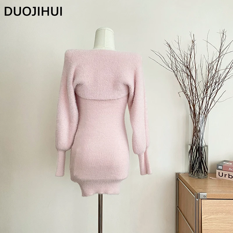 DUOJIHUI Two Piece Pink Sweet Women\'s Dresses Korean Style Knitting Soft Chic Bow Canshoulder Blast Pure Color Female Mini Dress