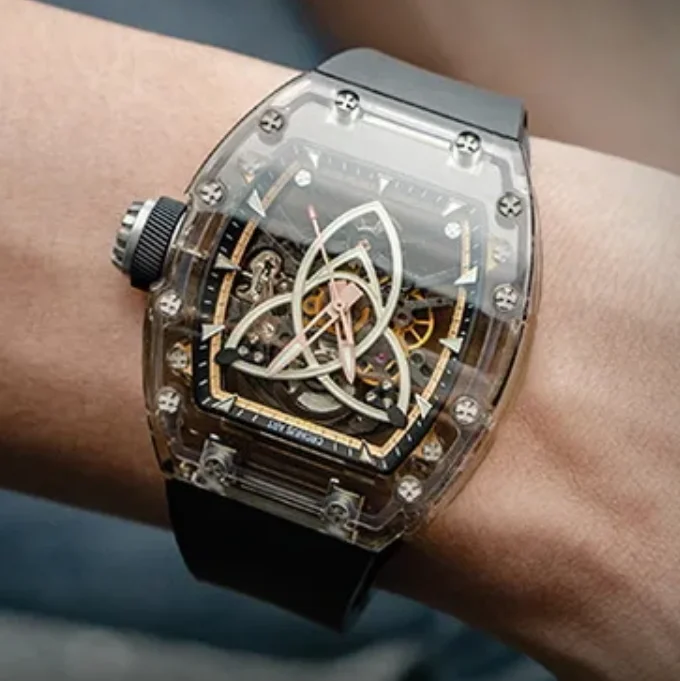 

CRONUSART Men Automatic Watch 50mm Tonneau Mechanical Wristwatch Acrylic Case Luminous Fluororubber Strap Skeleton Dial